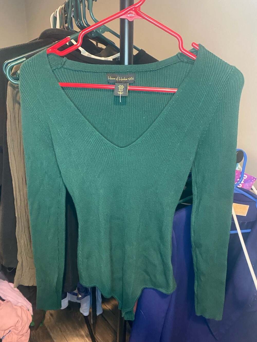 House of Harlow 1960 Forest Green Ribbed V-Neck Long Sleeve Bodysuit
